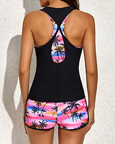 3 Piece Tank Tops Sports Bra And Boyshorts Bathing Suits For Women-Black Palm Tree