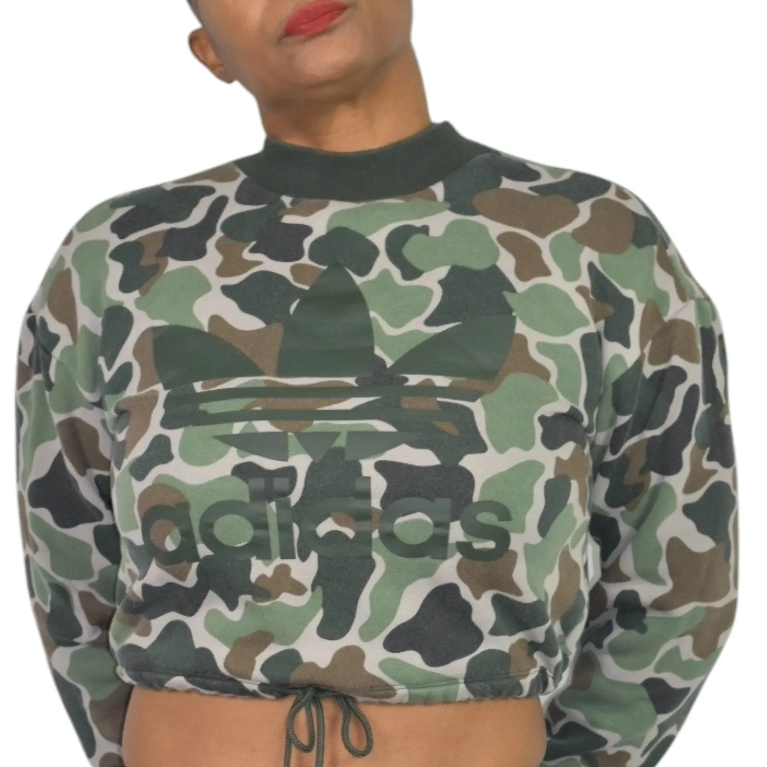 ADIDAS Camo Cropped Sweatshirt Green Army Trefoil Logo Drawstring Crewneck Lounge Size Small