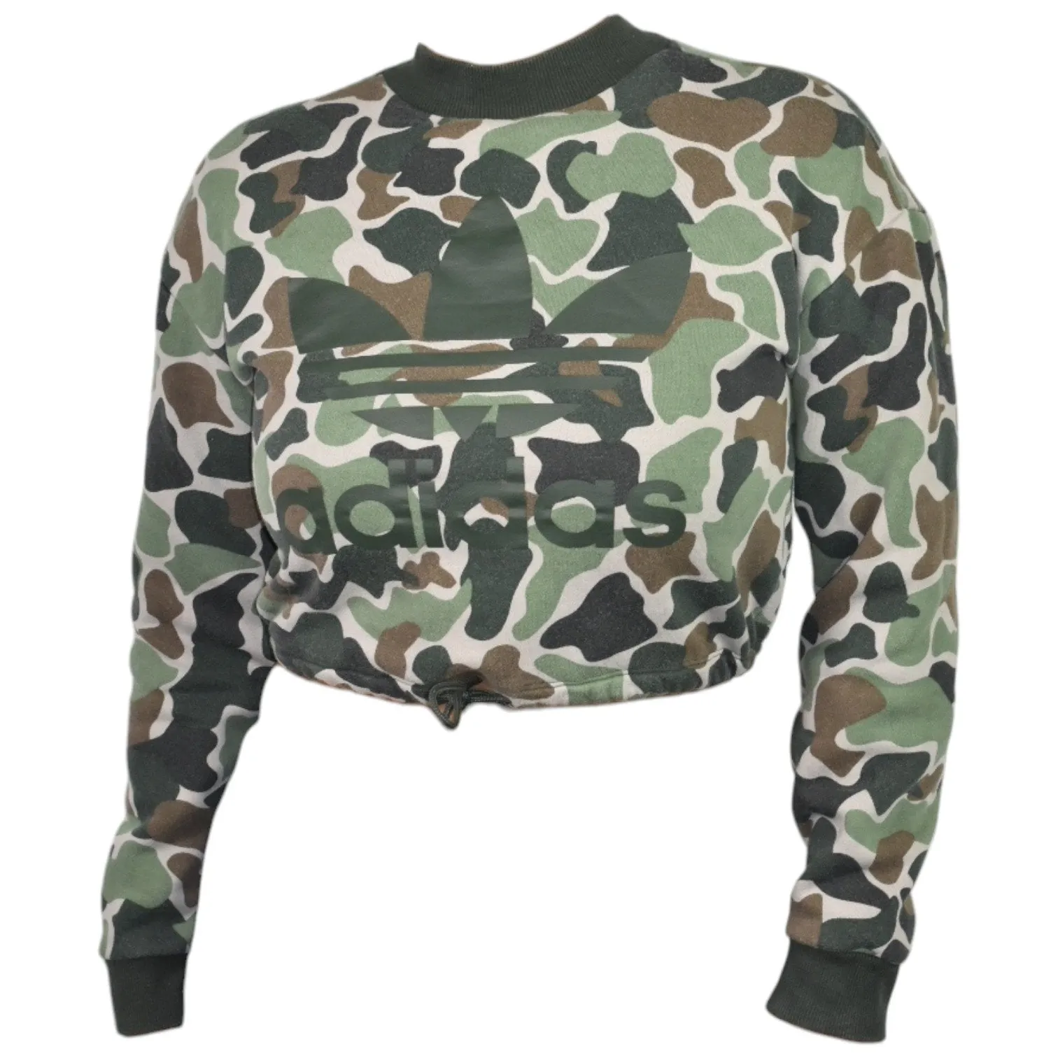 ADIDAS Camo Cropped Sweatshirt Green Army Trefoil Logo Drawstring Crewneck Lounge Size Small