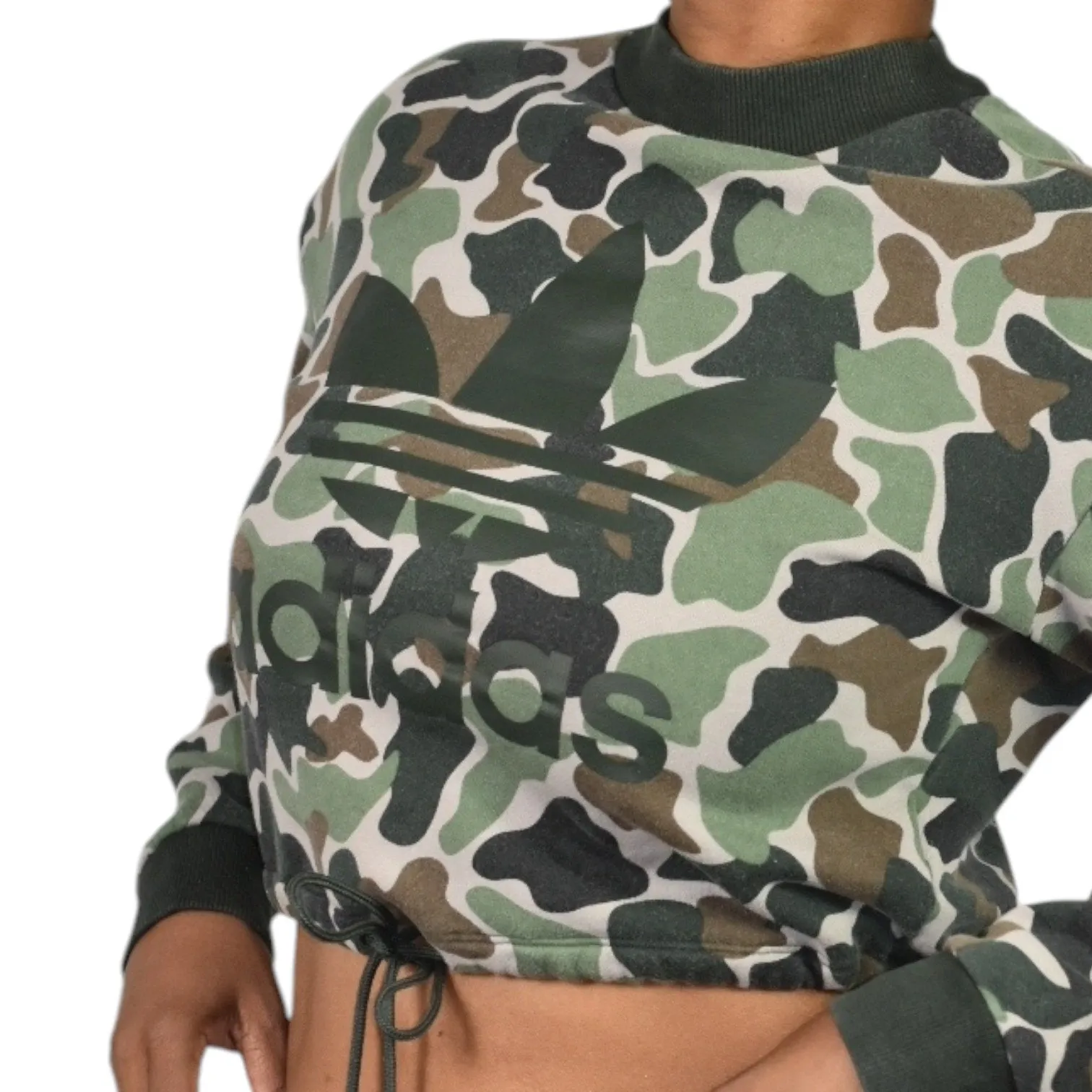 ADIDAS Camo Cropped Sweatshirt Green Army Trefoil Logo Drawstring Crewneck Lounge Size Small