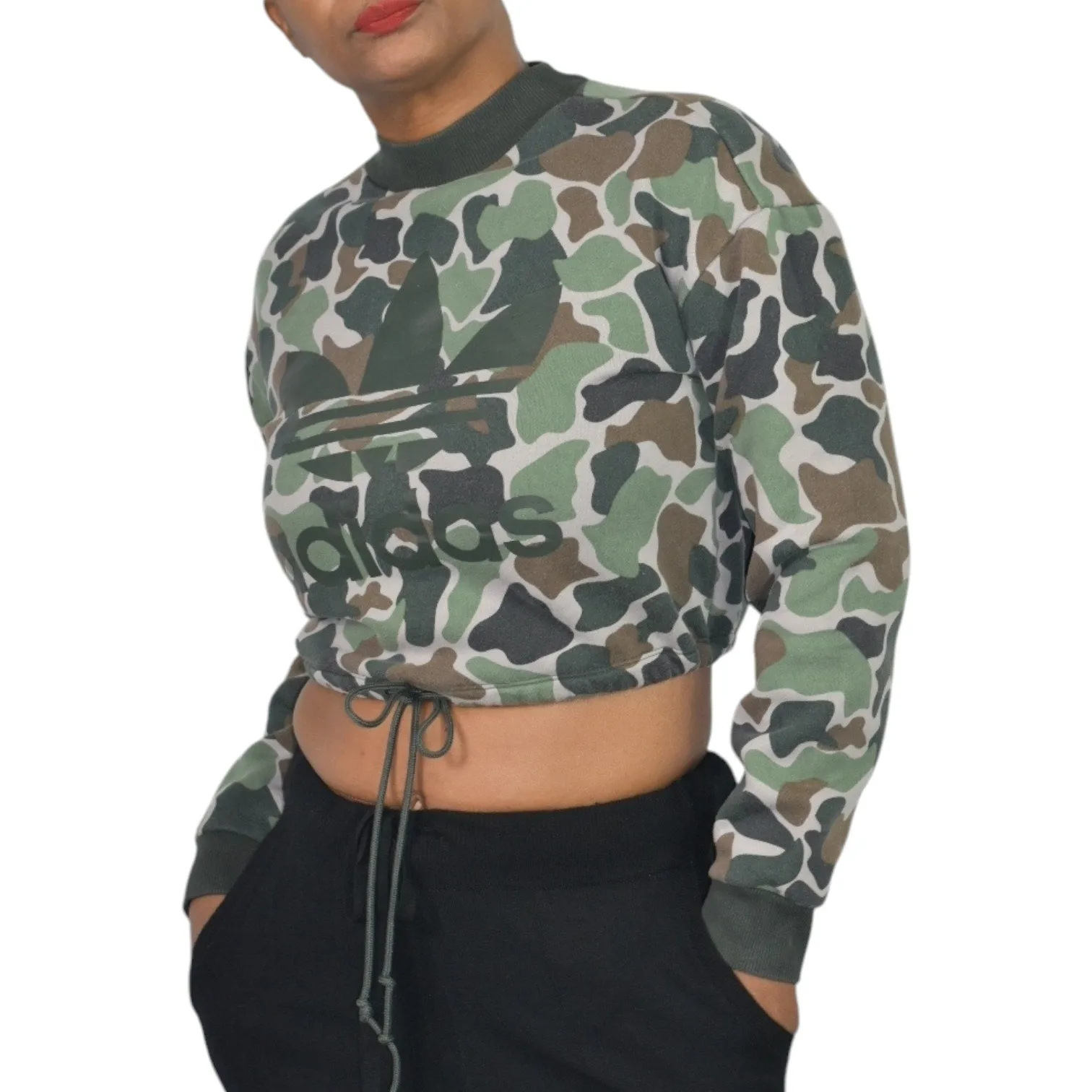 ADIDAS Camo Cropped Sweatshirt Green Army Trefoil Logo Drawstring Crewneck Lounge Size Small