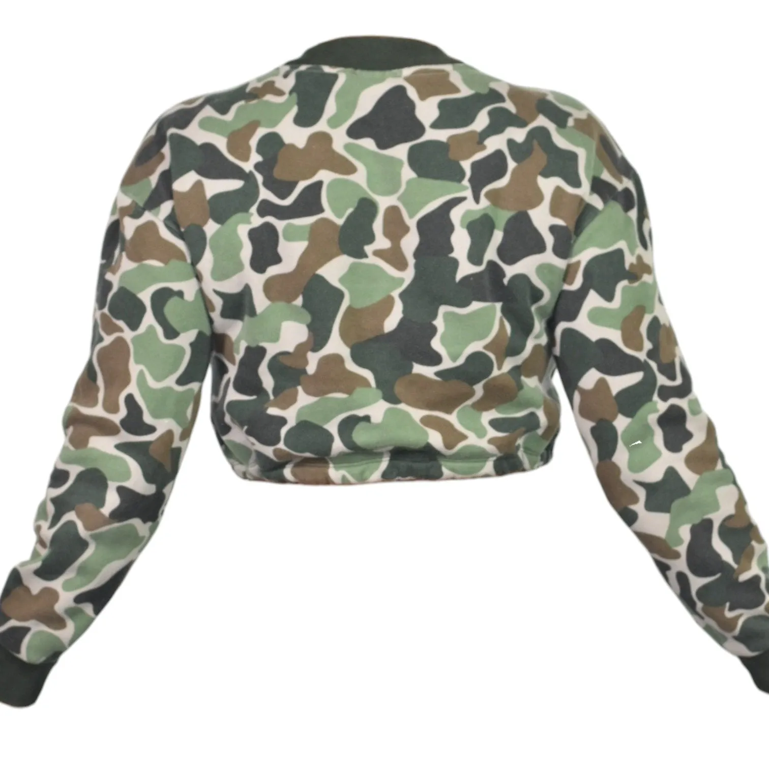 ADIDAS Camo Cropped Sweatshirt Green Army Trefoil Logo Drawstring Crewneck Lounge Size Small