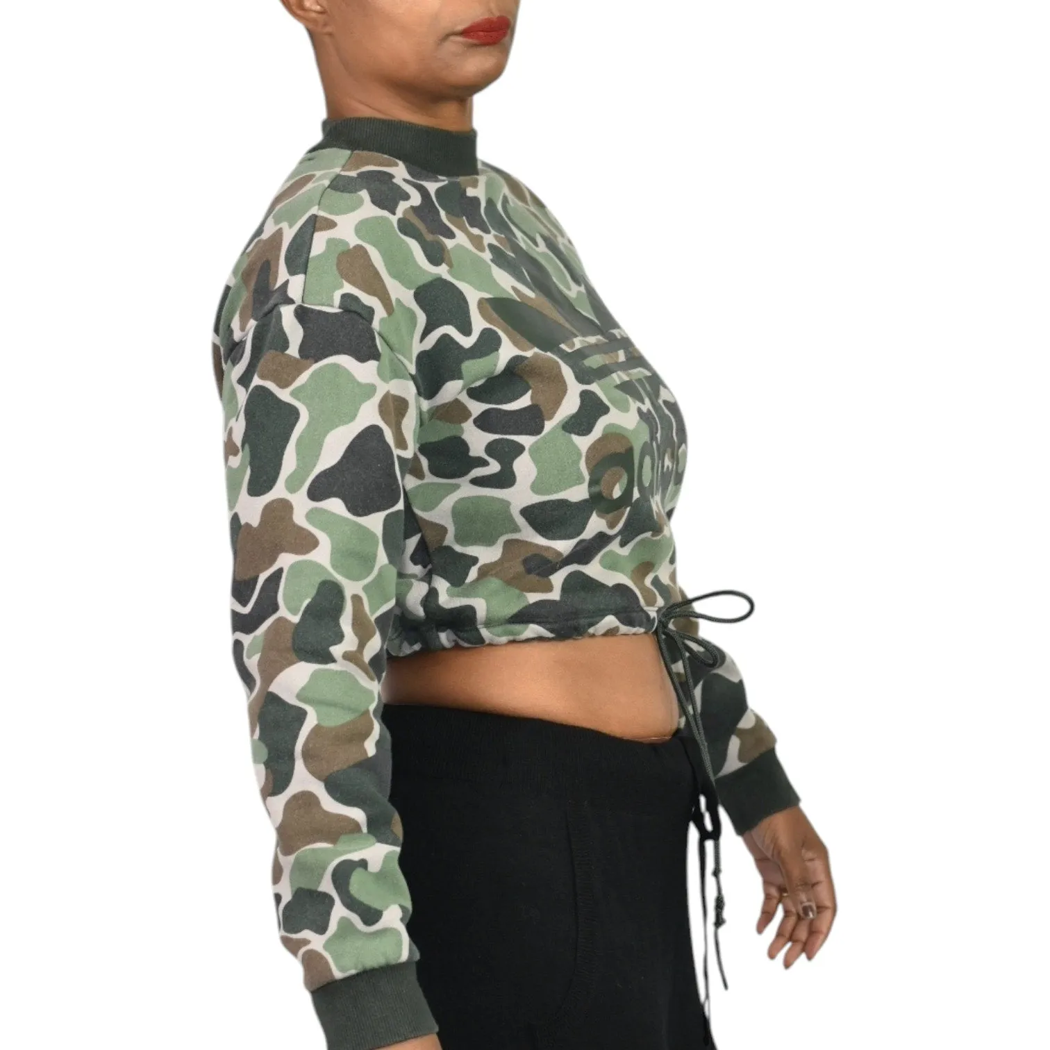 ADIDAS Camo Cropped Sweatshirt Green Army Trefoil Logo Drawstring Crewneck Lounge Size Small