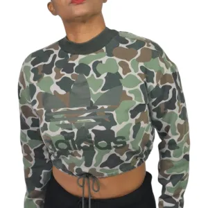 ADIDAS Camo Cropped Sweatshirt Green Army Trefoil Logo Drawstring Crewneck Lounge Size Small