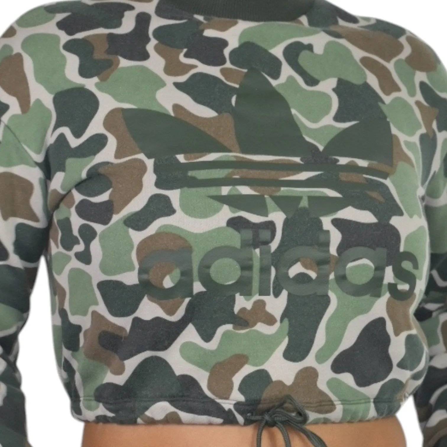 ADIDAS Camo Cropped Sweatshirt Green Army Trefoil Logo Drawstring Crewneck Lounge Size Small