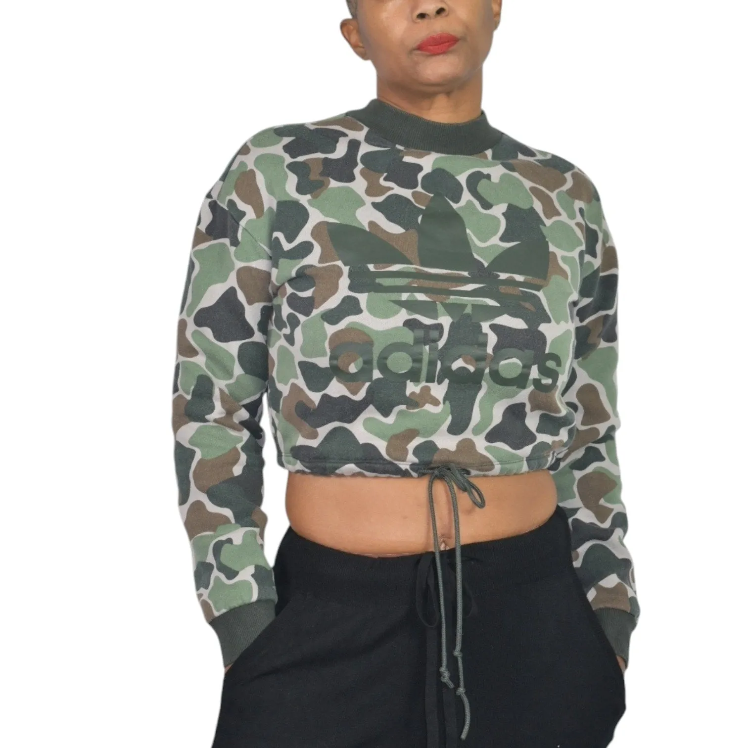 ADIDAS Camo Cropped Sweatshirt Green Army Trefoil Logo Drawstring Crewneck Lounge Size Small