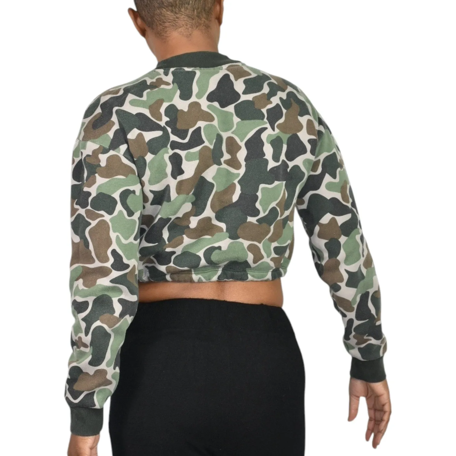 ADIDAS Camo Cropped Sweatshirt Green Army Trefoil Logo Drawstring Crewneck Lounge Size Small
