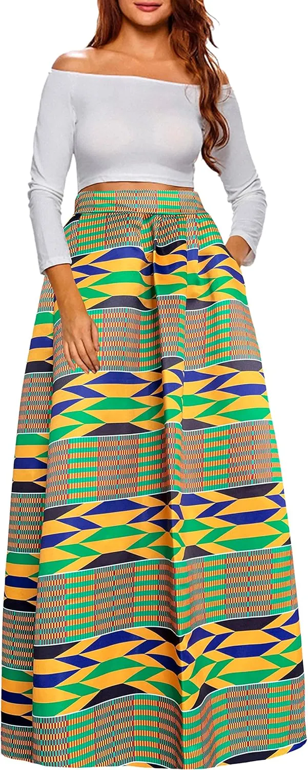 Afibi Women African Printed Maxi Skirt Flared Skirt A Line Long Skirts with Pockets S-5XL