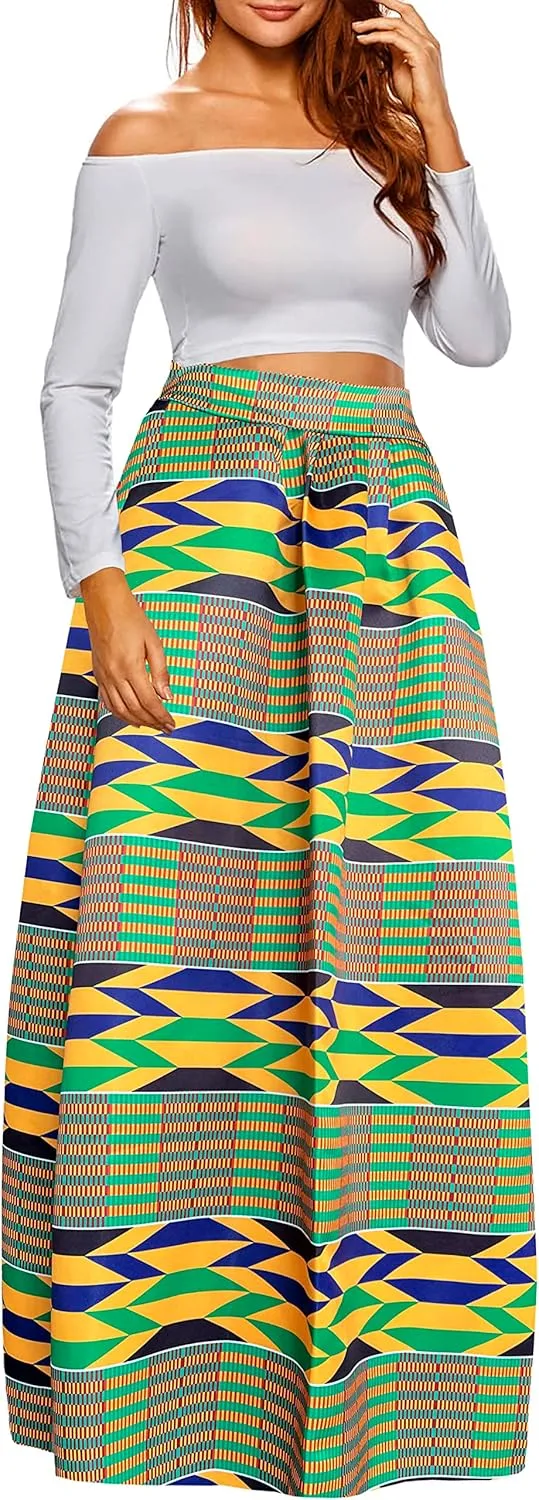 Afibi Women African Printed Maxi Skirt Flared Skirt A Line Long Skirts with Pockets S-5XL