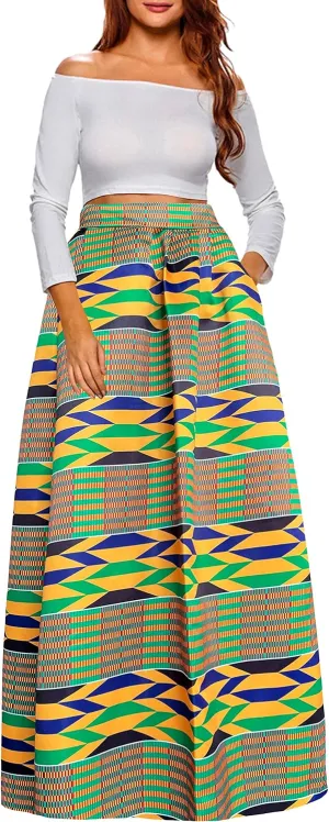 Afibi Women African Printed Maxi Skirt Flared Skirt A Line Long Skirts with Pockets S-5XL