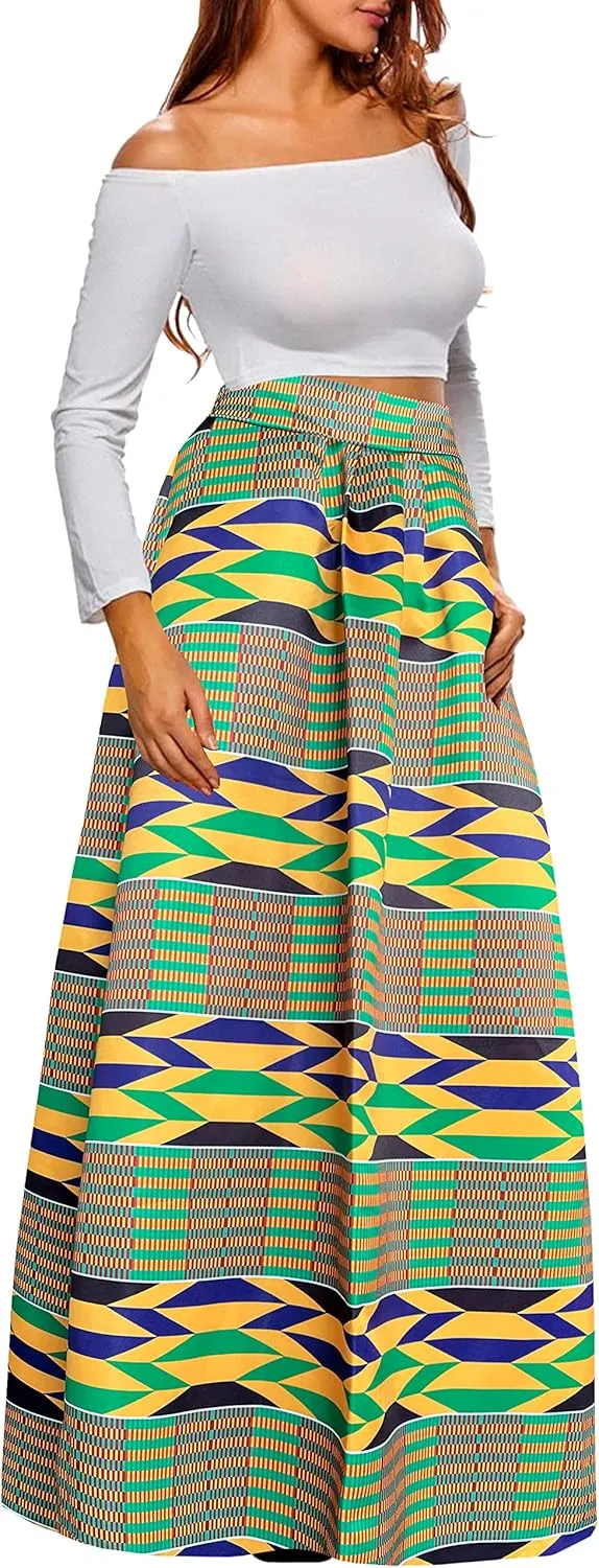Afibi Women African Printed Maxi Skirt Flared Skirt A Line Long Skirts with Pockets S-5XL