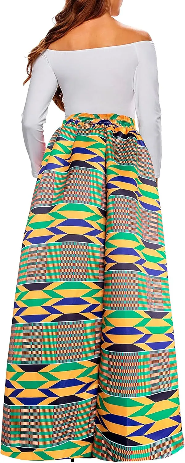 Afibi Women African Printed Maxi Skirt Flared Skirt A Line Long Skirts with Pockets S-5XL