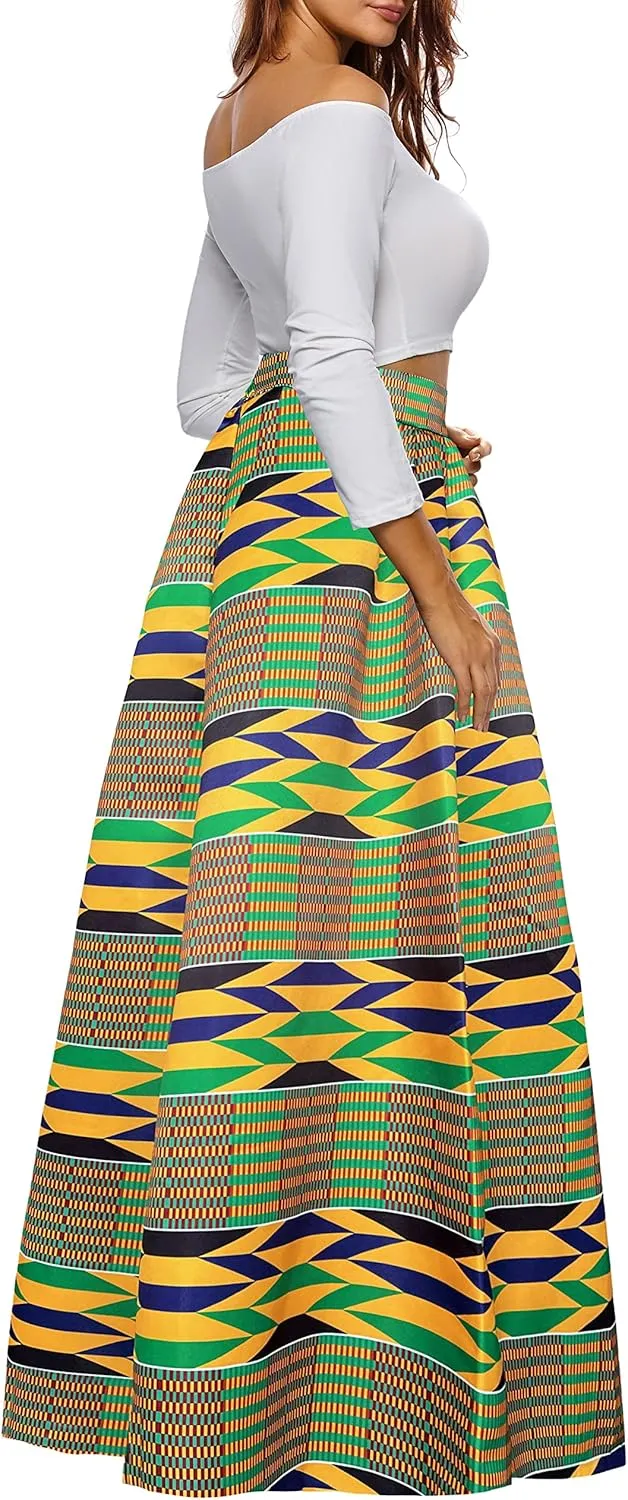 Afibi Women African Printed Maxi Skirt Flared Skirt A Line Long Skirts with Pockets S-5XL