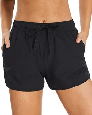 Athletic Sporty Boardshorts Pockets Swim Bottom Trunks For Teens Girls-Black
