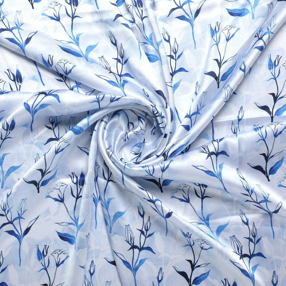 Attractive Blue Bud Water Paint Shadow Digital Printed Fabric - Japan Satin