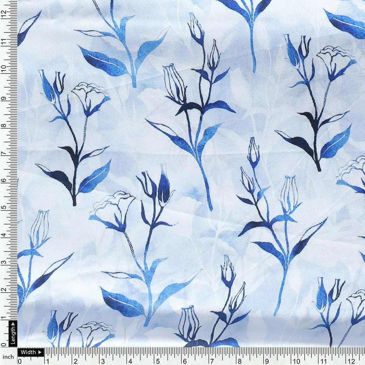 Attractive Blue Bud Water Paint Shadow Digital Printed Fabric - Japan Satin