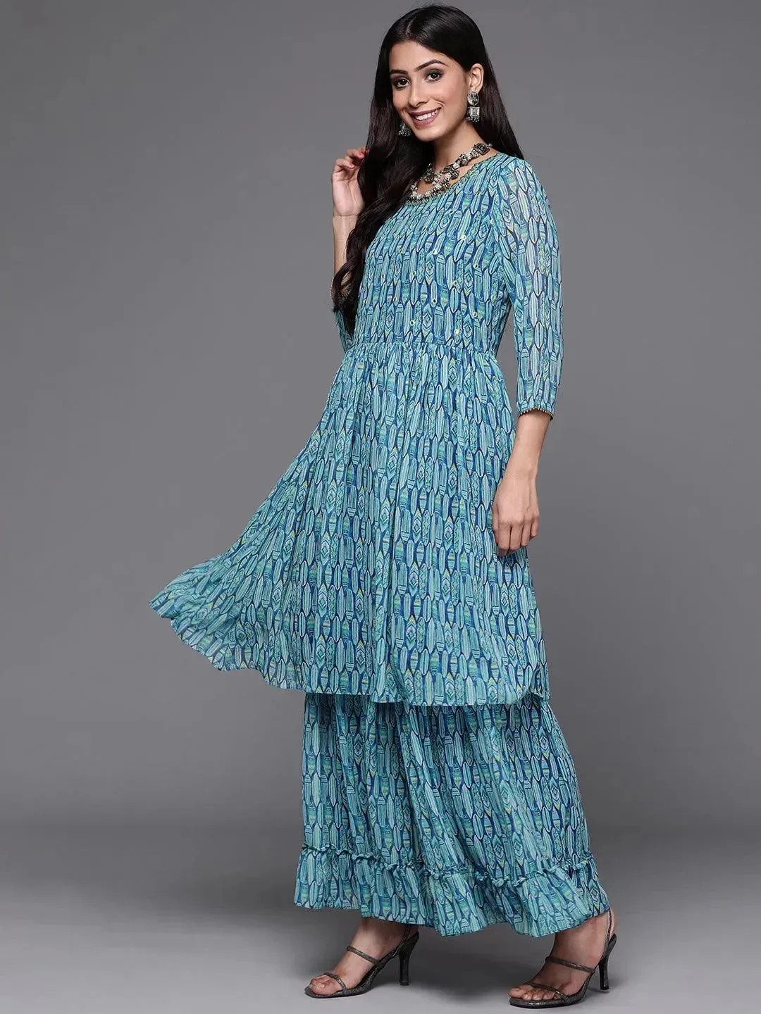 Blue Printed Georgette A-Line Kurta With Sharara & Dupatta