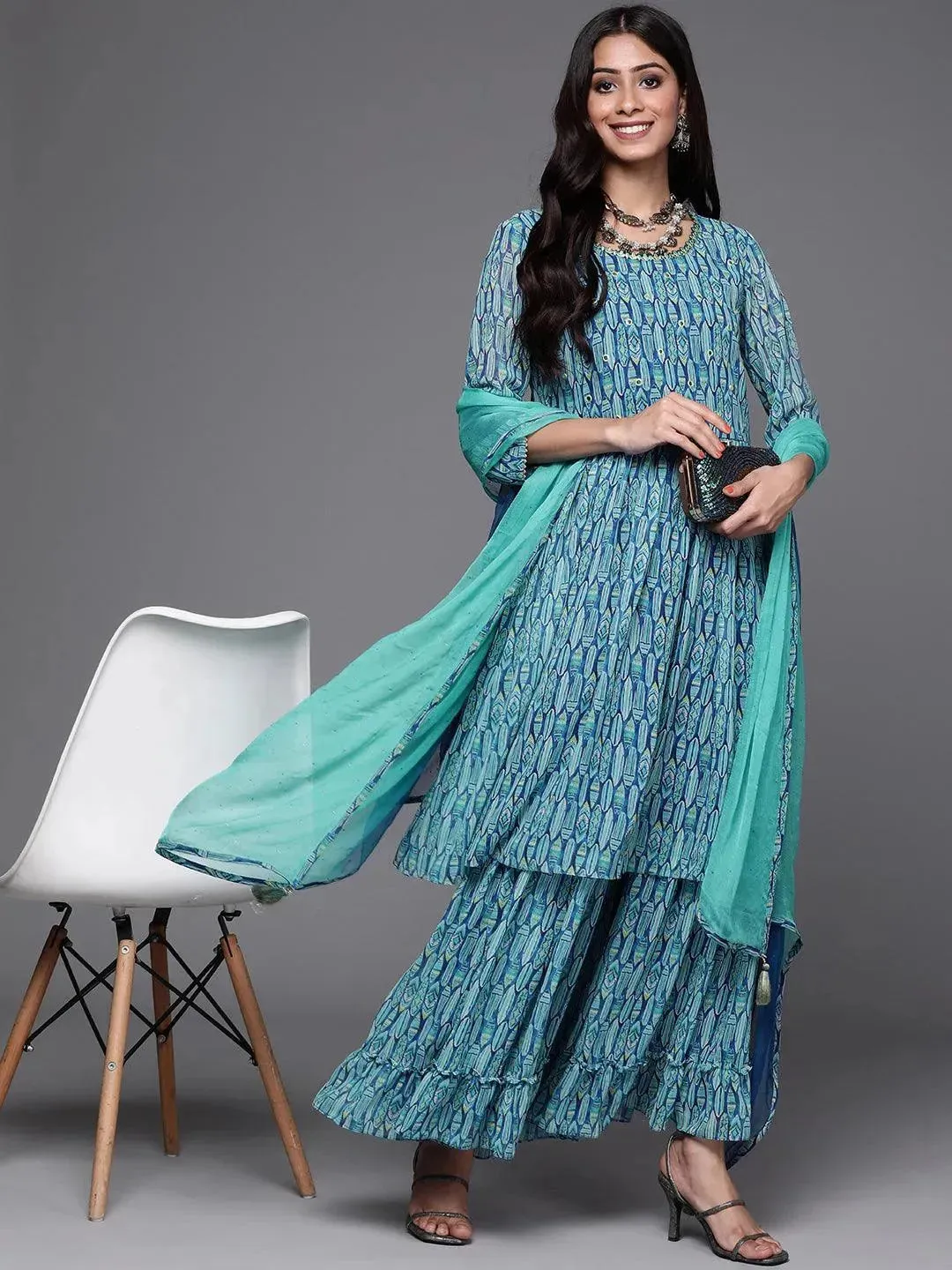 Blue Printed Georgette A-Line Kurta With Sharara & Dupatta