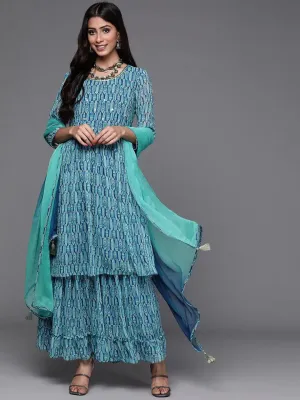 Blue Printed Georgette A-Line Kurta With Sharara & Dupatta