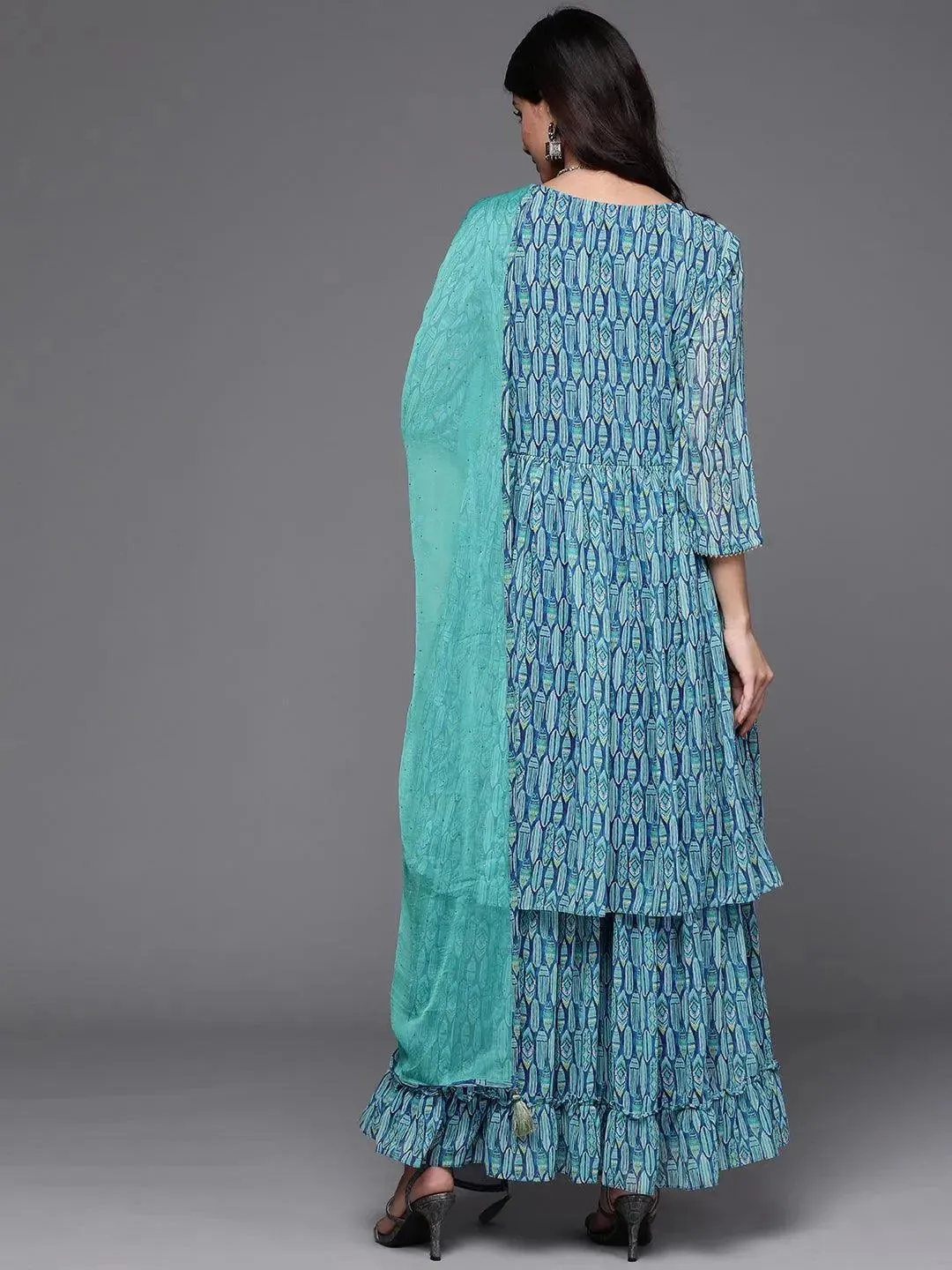Blue Printed Georgette A-Line Kurta With Sharara & Dupatta