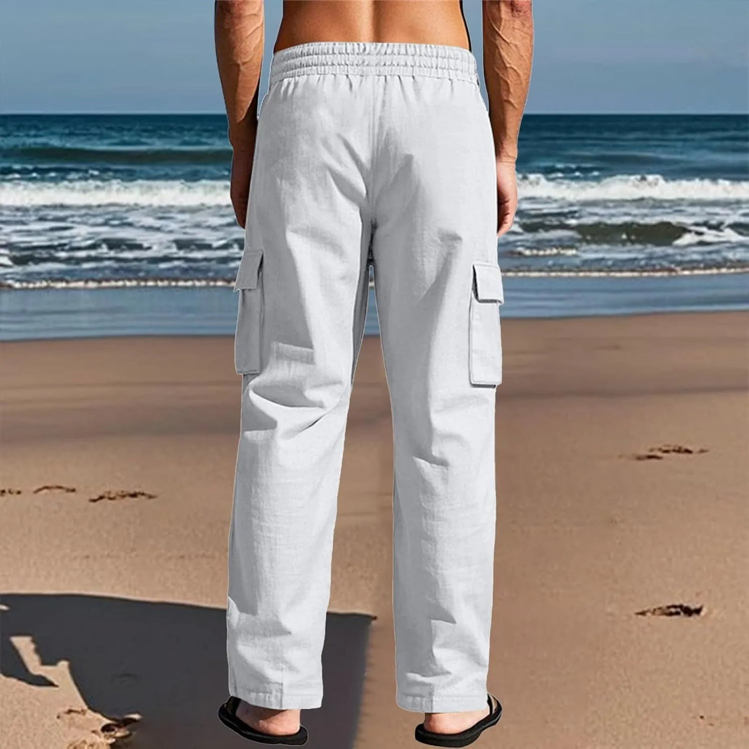Cargo Linen Pants Men Drawstring Elastic Waist Baggy Summer Pants Lightweight Beach Yoga Lounge Pant with Pockets
