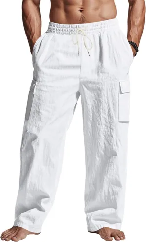 Cargo Linen Pants Men Drawstring Elastic Waist Baggy Summer Pants Lightweight Beach Yoga Lounge Pant with Pockets