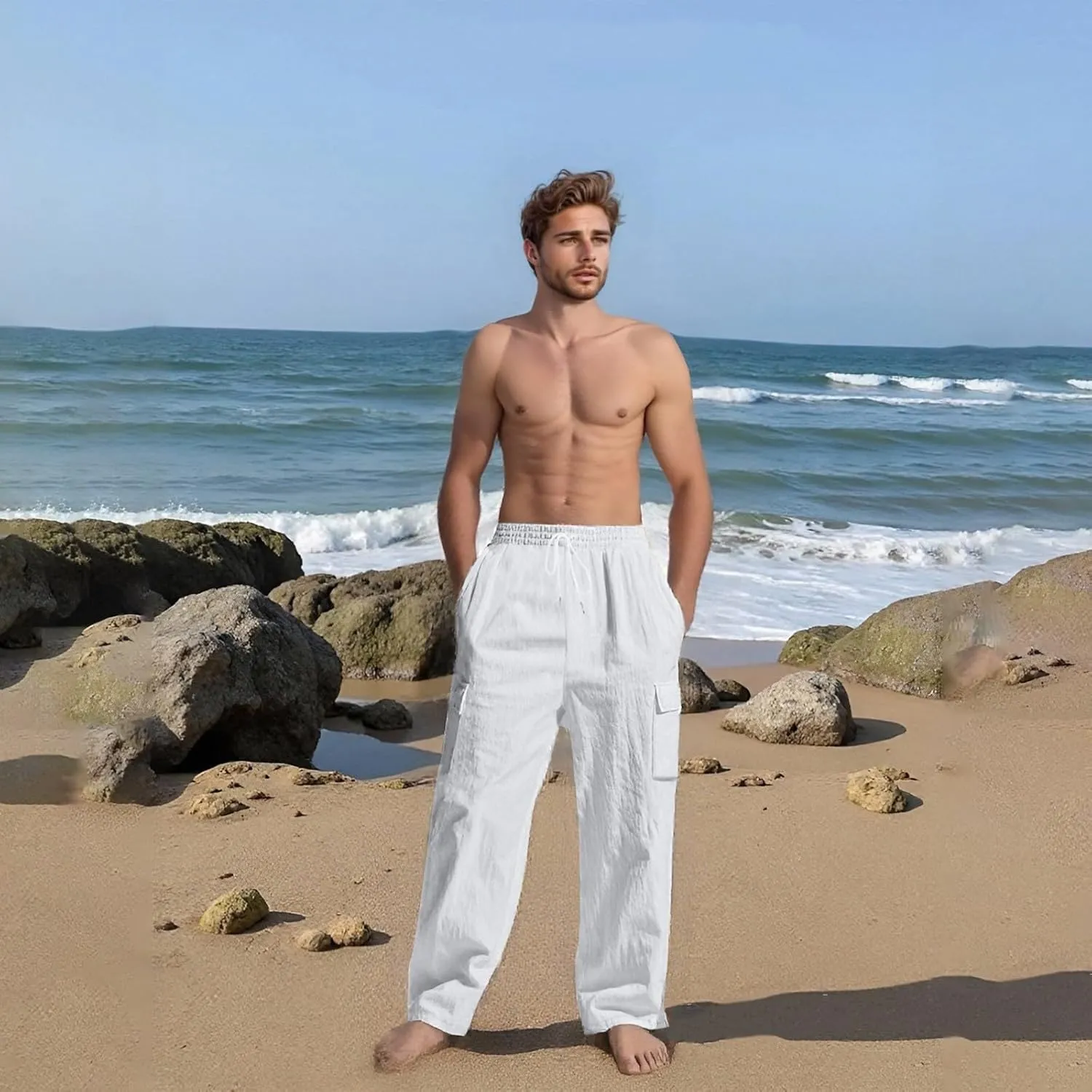 Cargo Linen Pants Men Drawstring Elastic Waist Baggy Summer Pants Lightweight Beach Yoga Lounge Pant with Pockets