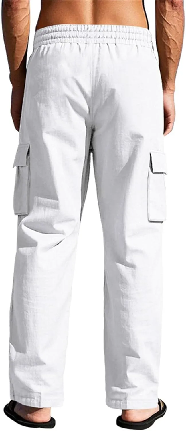 Cargo Linen Pants Men Drawstring Elastic Waist Baggy Summer Pants Lightweight Beach Yoga Lounge Pant with Pockets