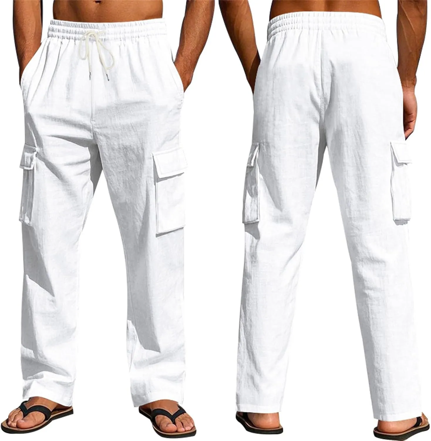 Cargo Linen Pants Men Drawstring Elastic Waist Baggy Summer Pants Lightweight Beach Yoga Lounge Pant with Pockets