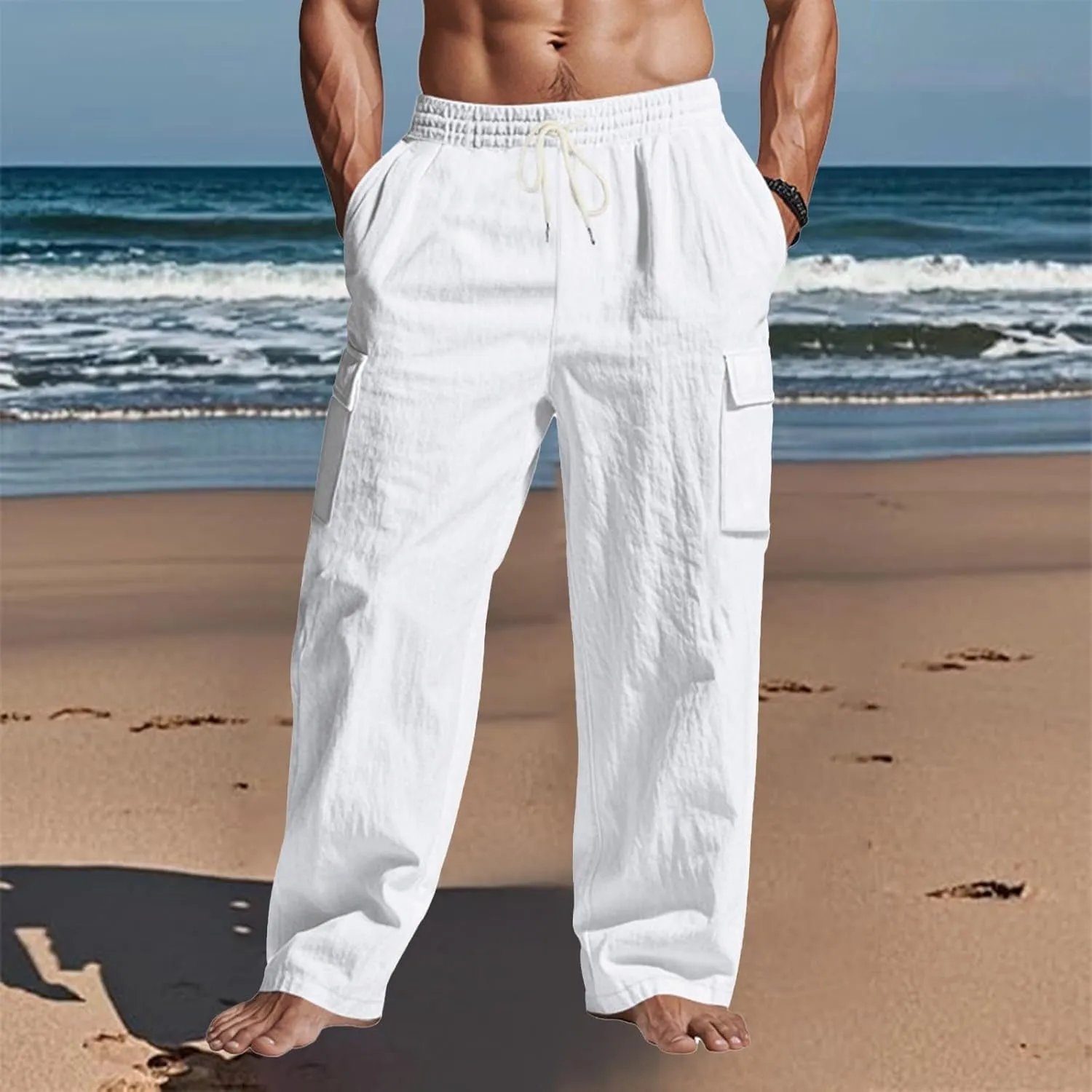 Cargo Linen Pants Men Drawstring Elastic Waist Baggy Summer Pants Lightweight Beach Yoga Lounge Pant with Pockets