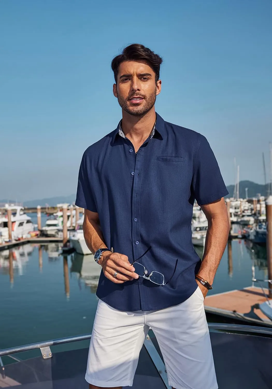 COOFANDY Men's Casual Linen Shirts Short Sleeve Button Down Shirt Summer Beach Tops