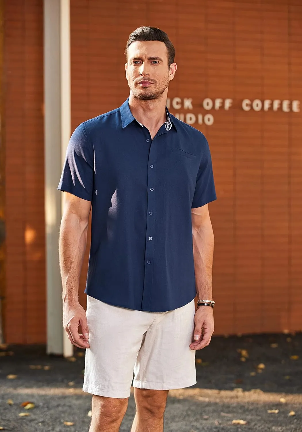 COOFANDY Men's Casual Linen Shirts Short Sleeve Button Down Shirt Summer Beach Tops