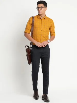 Cotton Yellow Checked Slim Fit Casual Shirt