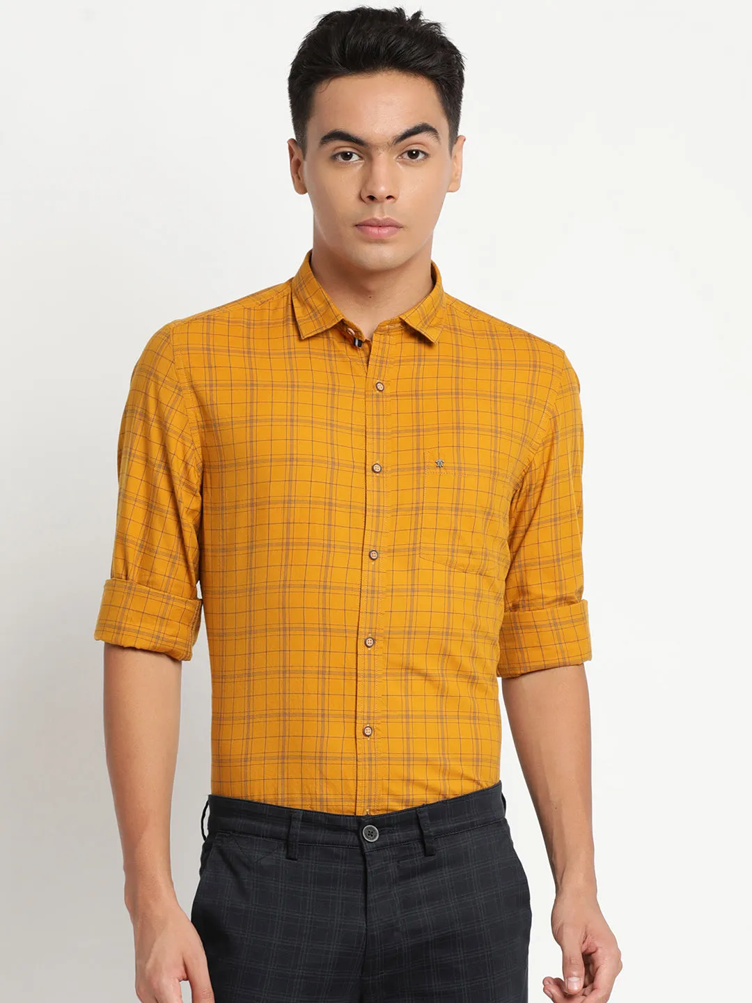 Cotton Yellow Checked Slim Fit Casual Shirt
