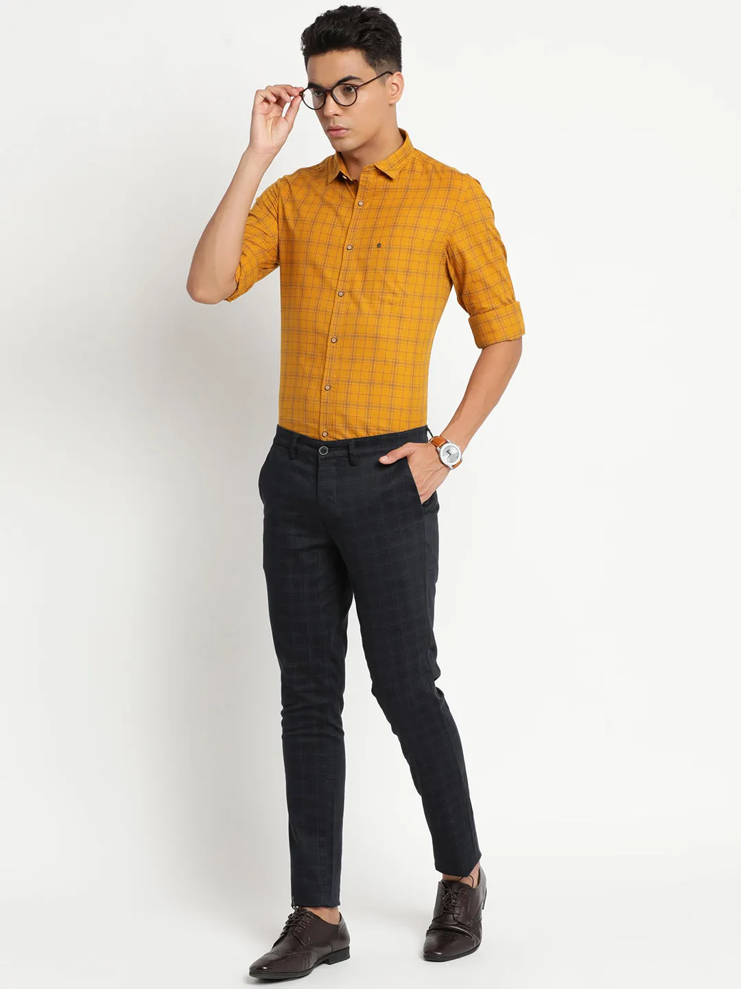 Cotton Yellow Checked Slim Fit Casual Shirt