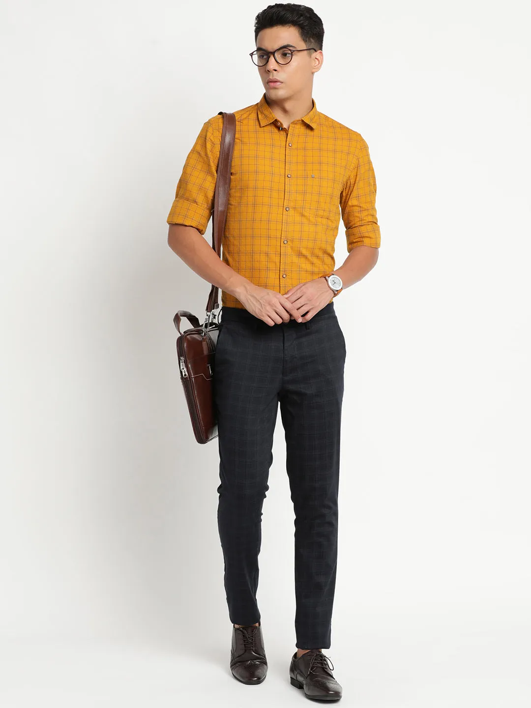 Cotton Yellow Checked Slim Fit Casual Shirt