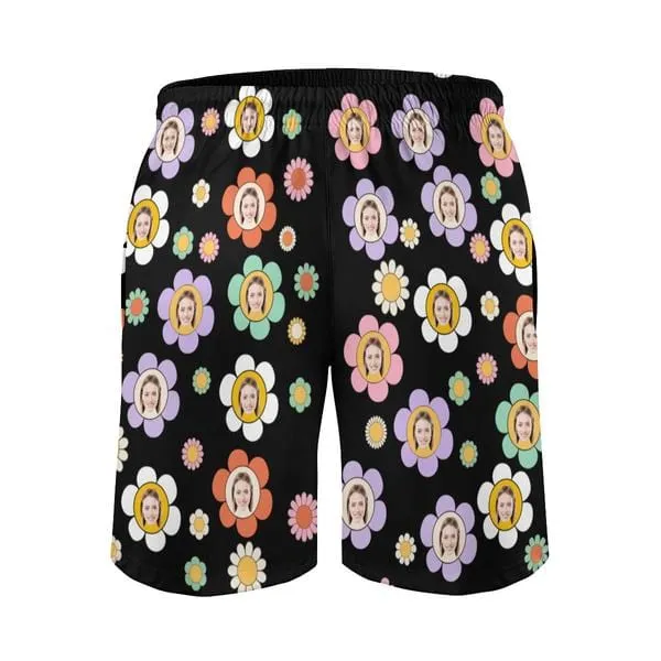 Couple Matching Colorful Flowers Black Swimwear Custom Face Women's Two-Pieces Triangle Bikini Set & Men's Swim Shorts