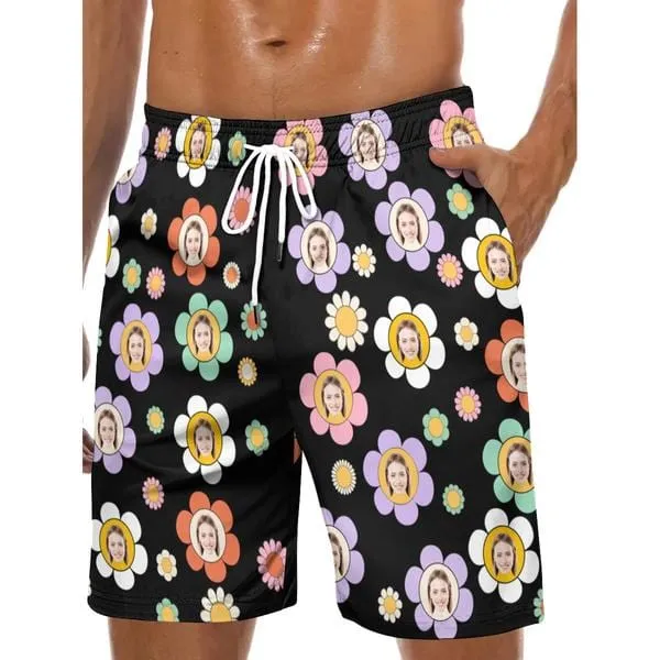 Couple Matching Colorful Flowers Black Swimwear Custom Face Women's Two-Pieces Triangle Bikini Set & Men's Swim Shorts