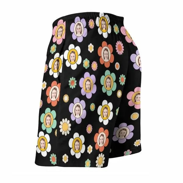 Couple Matching Colorful Flowers Black Swimwear Custom Face Women's Two-Pieces Triangle Bikini Set & Men's Swim Shorts