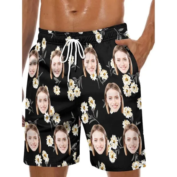Couple Matching Swimwear Custom Face White Flower Black Women's Adjustable Halter Neck Straps Bikini Set & Men's Swim Shorts
