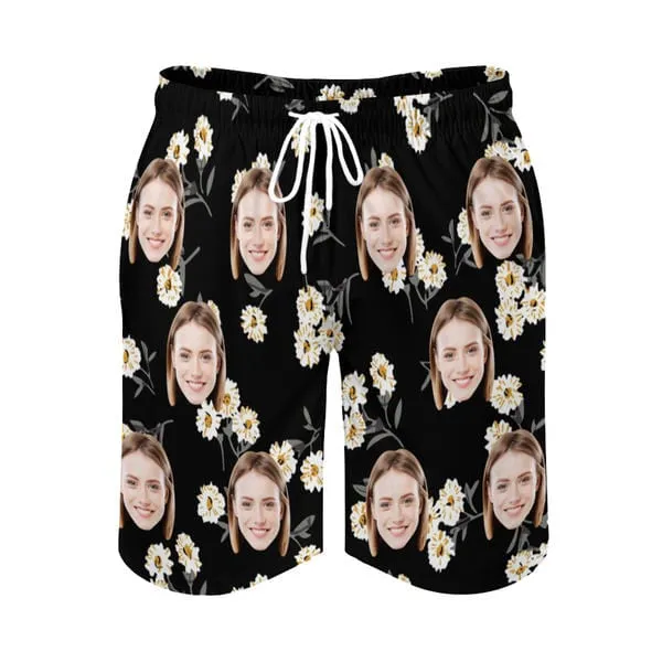 Couple Matching Swimwear Custom Face White Flower Black Women's Adjustable Halter Neck Straps Bikini Set & Men's Swim Shorts