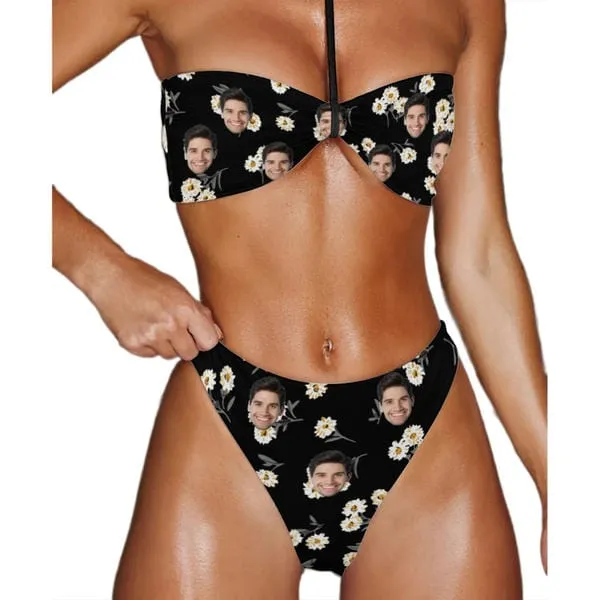 Couple Matching Swimwear Custom Face White Flower Black Women's Adjustable Halter Neck Straps Bikini Set & Men's Swim Shorts