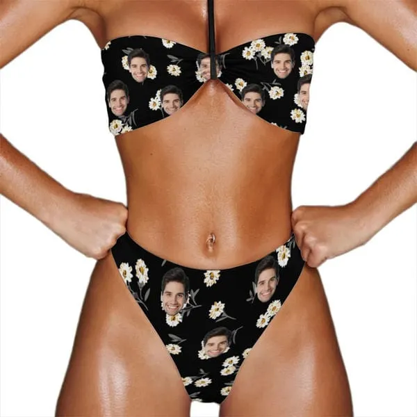Couple Matching Swimwear Custom Face White Flower Black Women's Adjustable Halter Neck Straps Bikini Set & Men's Swim Shorts