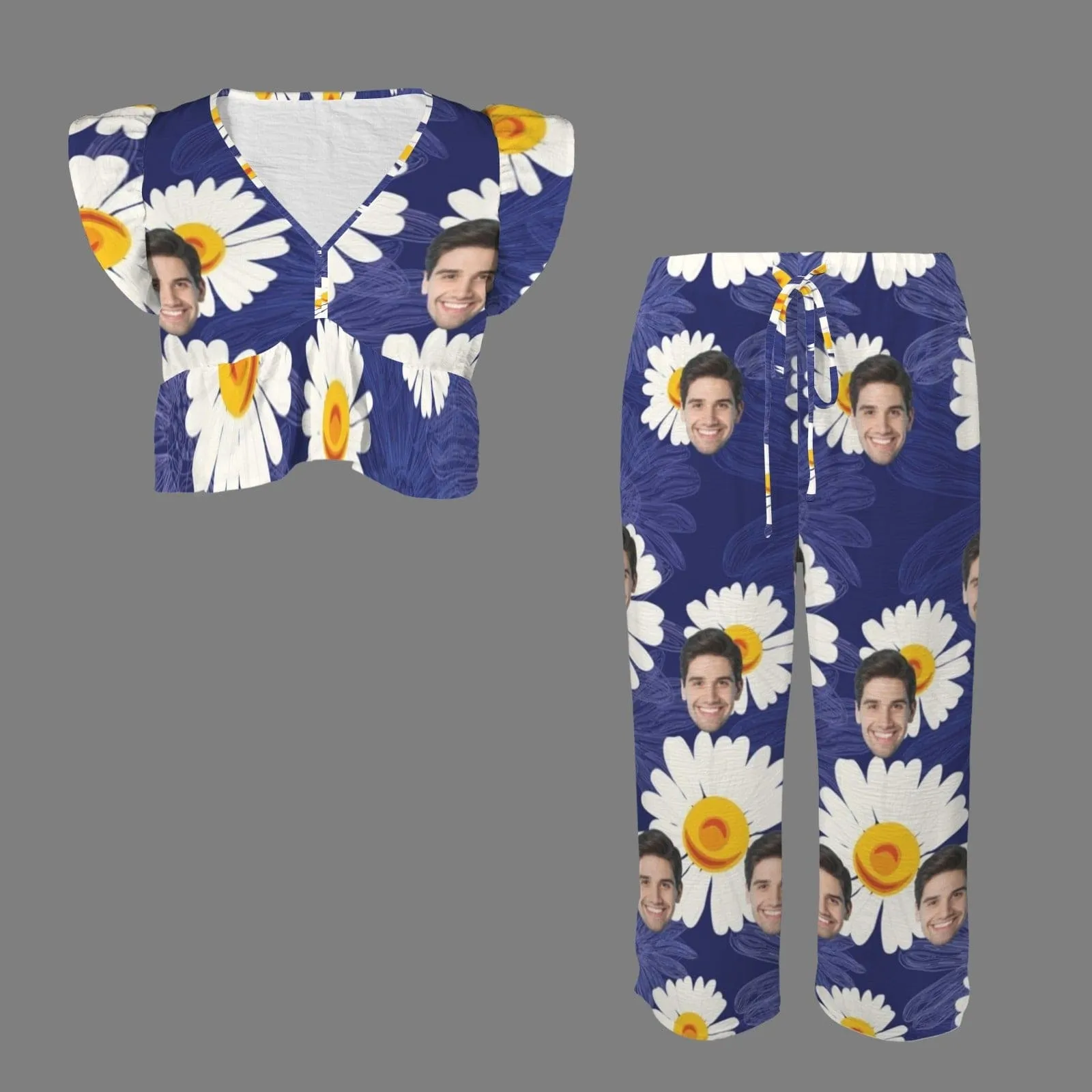 Custom Face Daisy Women's Deep V Neck Crop Top Side Slit Drawstring Wide Leg Pants Set