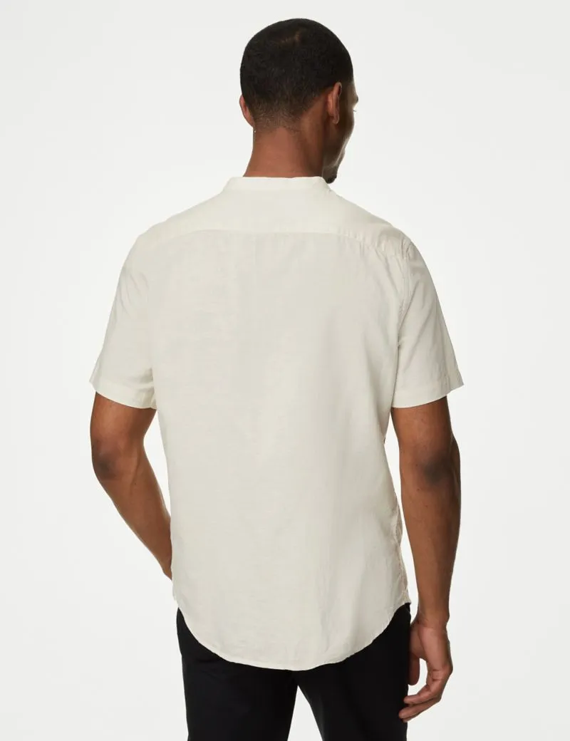 Easy Iron Cotton Linen Blend Grandad Collar Shirt