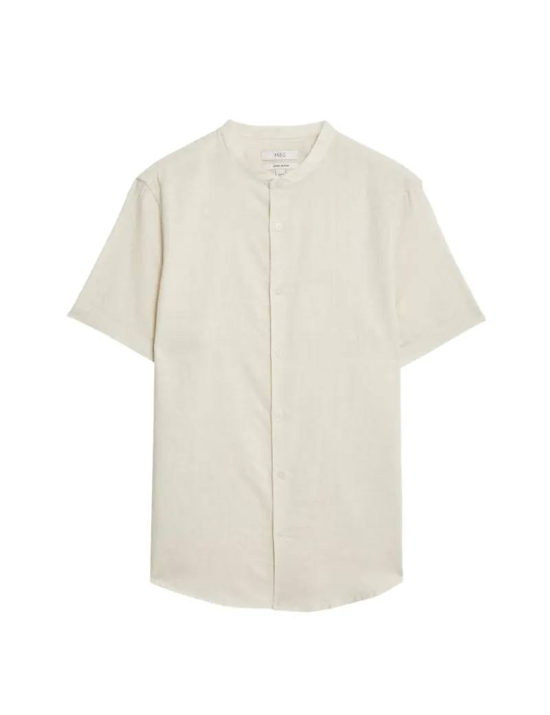 Easy Iron Cotton Linen Blend Grandad Collar Shirt