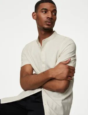 Easy Iron Cotton Linen Blend Grandad Collar Shirt