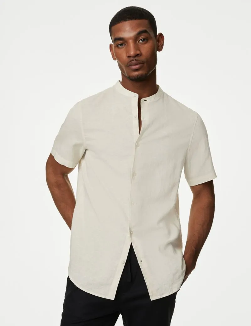 Easy Iron Cotton Linen Blend Grandad Collar Shirt