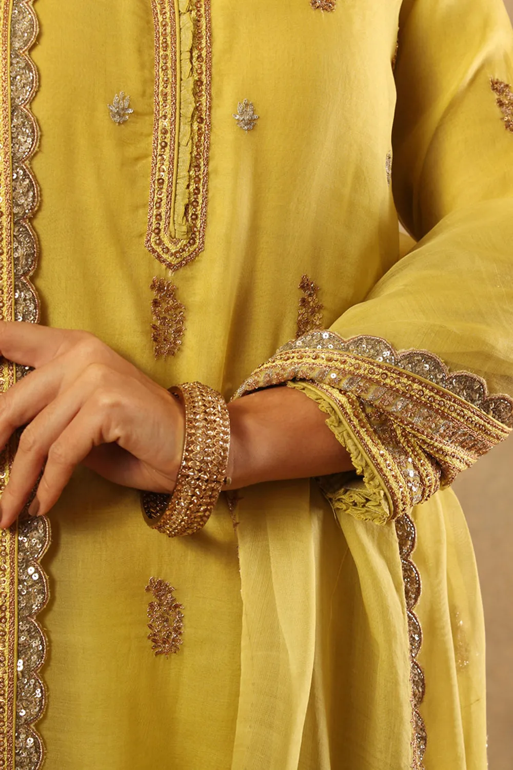 Embroidered Green Pure Metallic Silk Cotton Sharara Set