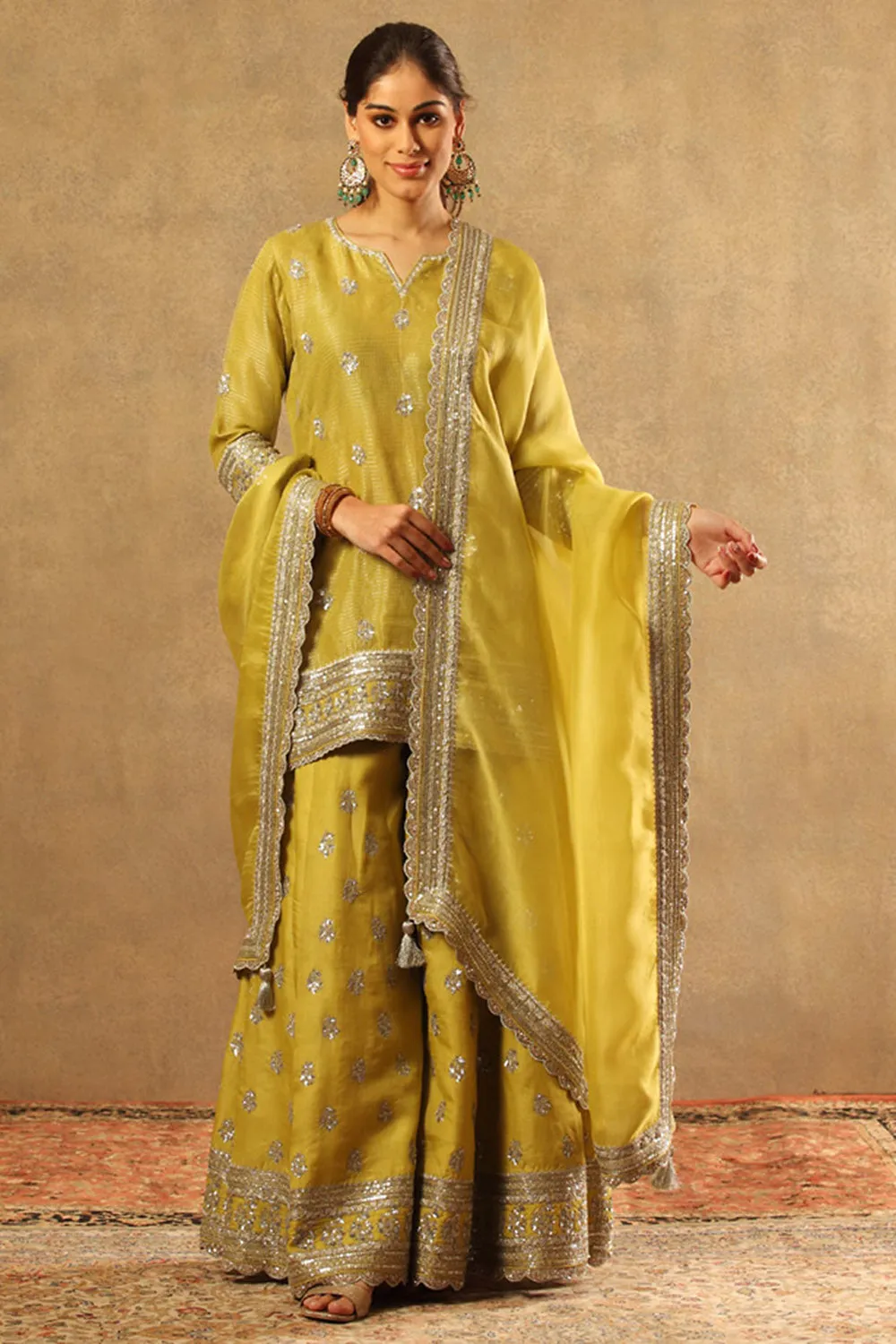 Embroidered Lime Green Pure Silk Organza Sharara Set